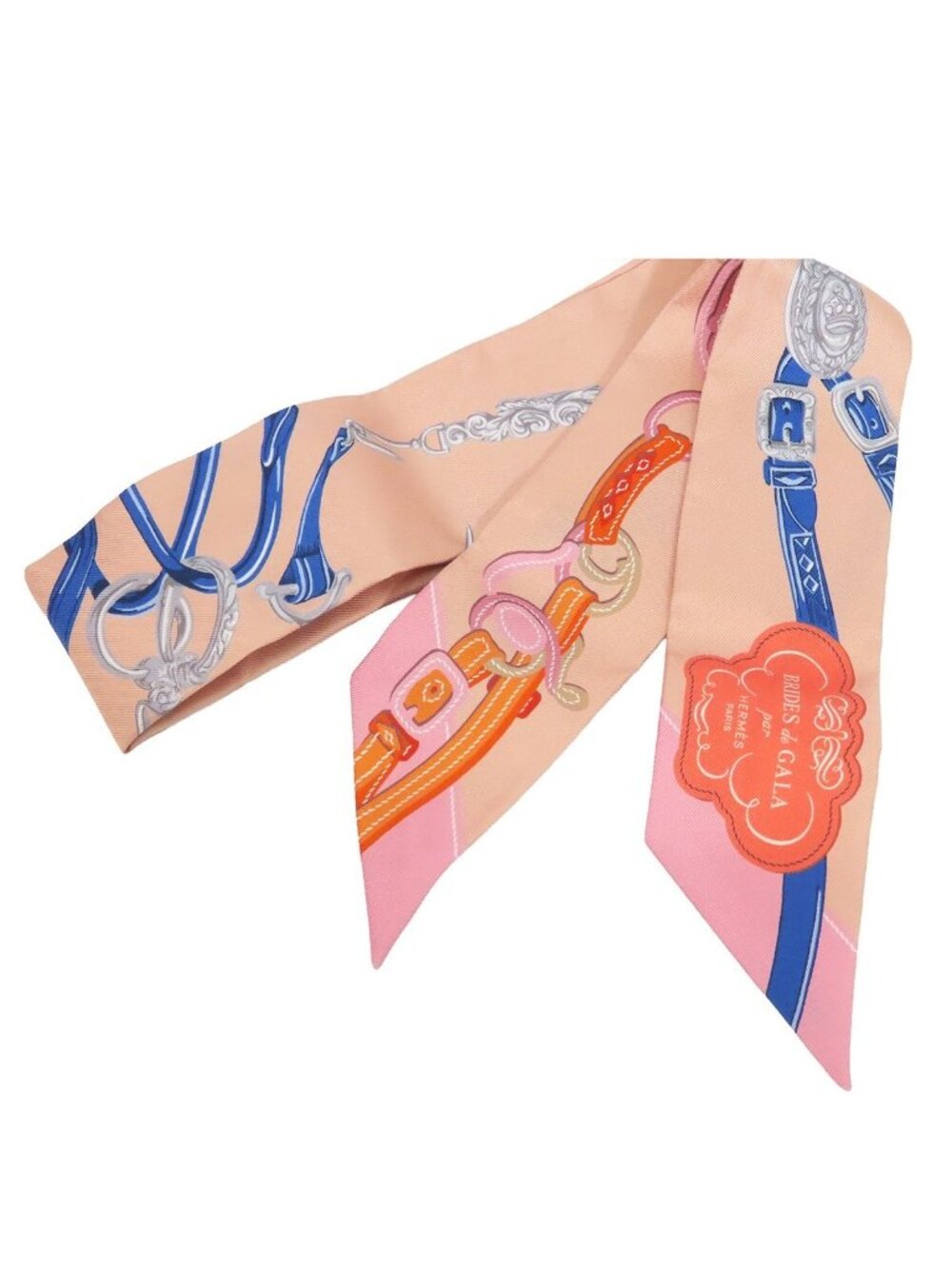 Hermes Twilly Beige Multicolor Silk Brides de Gala Applique Pique Scarf